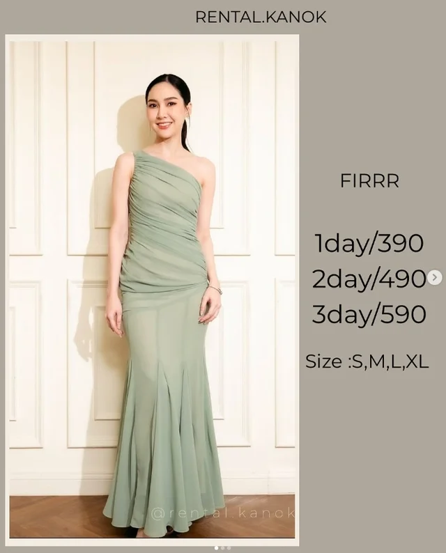 FIRRR – เดรสเขียวเสจไหล่เฉียง หรูสุภาพ