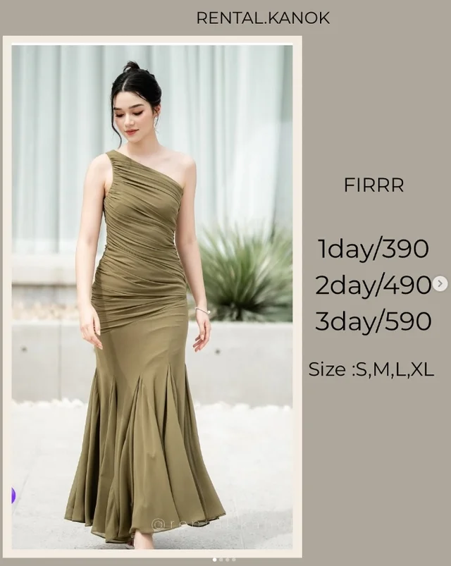 FIRRR – เดรสเขียวโอลีฟไหล่เฉียง หรูเฉียบแพง