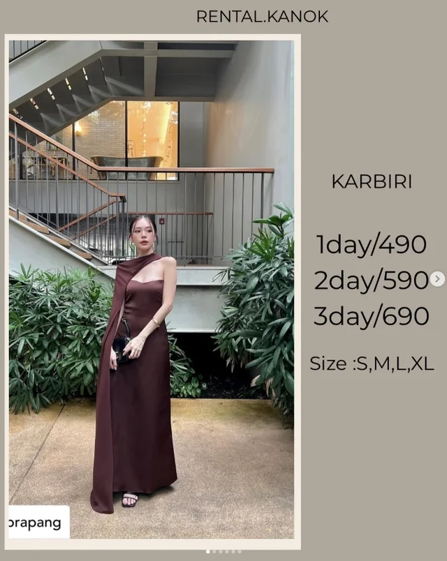 KARBIRI เดรสน้ำตาลเข้มไหล่เฉียงพาดผ้าหรูโก้ 1
