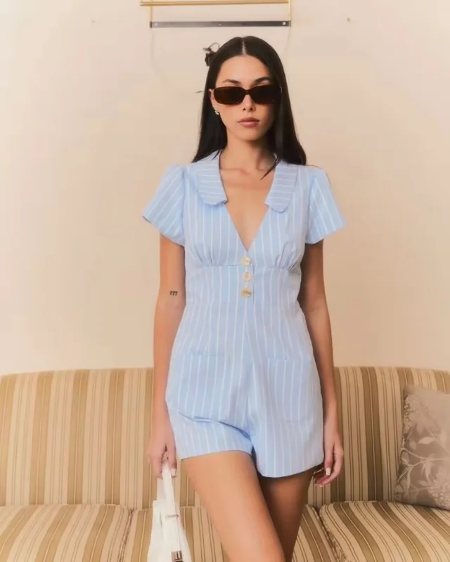 MESKMUSE เดรสเชิ้ตลายทางฟ้าขาว น่ารักสดใส Mini Dress thumbnail 4
