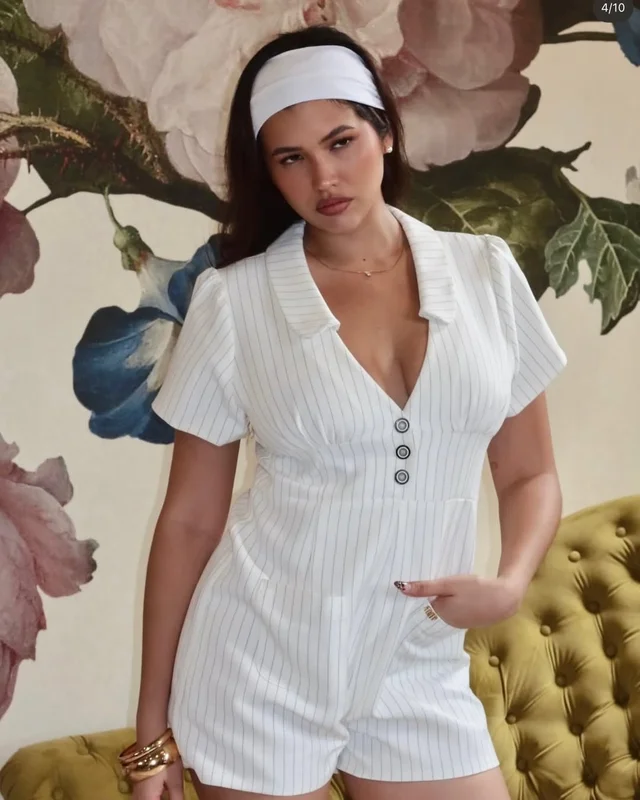 MESKMUSE จั้มสูทลายทางขาวหรู น่ารักเซ็กซี่ Short Jumpsuit thumbnail 4
