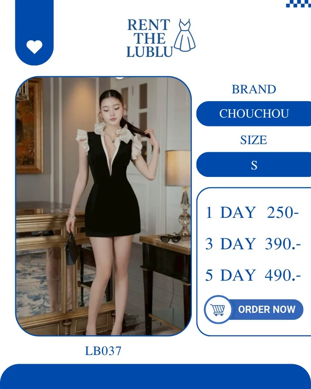 CHOUCHOU เดรสคอวีแต่งระบายขาวดำ หรูแซ่บ Mini Dress