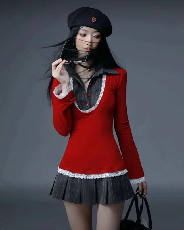 SODOPECLUB เซตเสื้อแดงกระโปรงจีบ เท่แซ่บสายแฟ Twopiece thumbnail 5