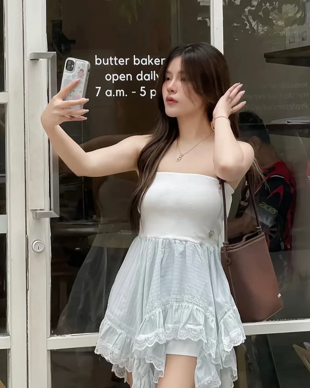 EVERYMAY เดรสเกาะอกสีเขียวมิ้นท์ หวานละมุน น่ารัก Mini Dress thumbnail 4
