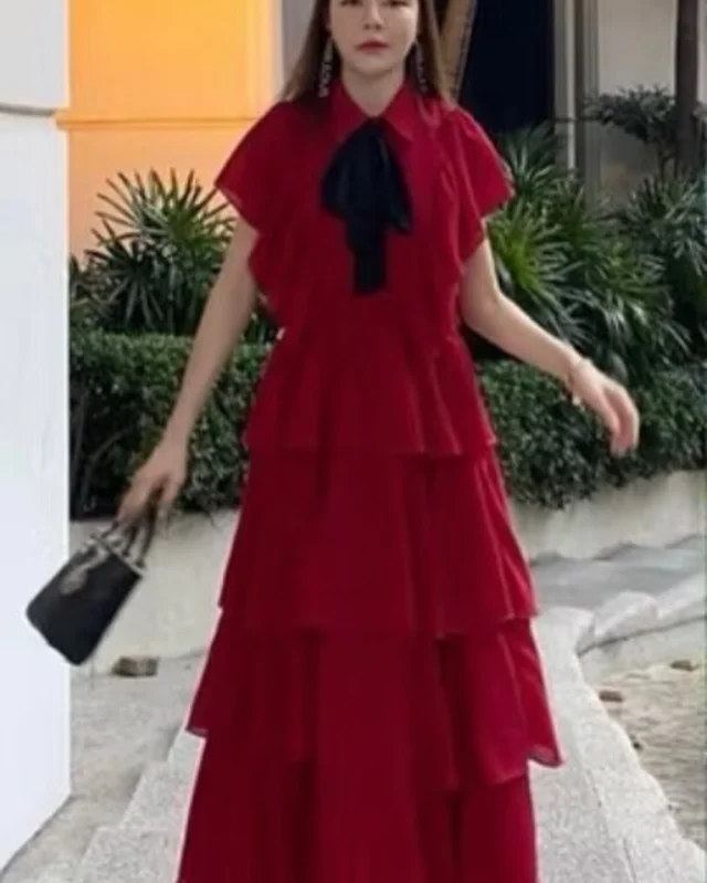 FLAT2112 เดรสยาวระบายสีแดง หวานหรูวินเทจ Maxi Dress thumbnail 4