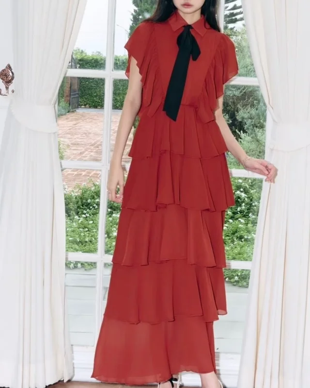 FLAT2112 เดรสยาวระบายสีแดง หวานหรูวินเทจ Maxi Dress thumbnail 5
