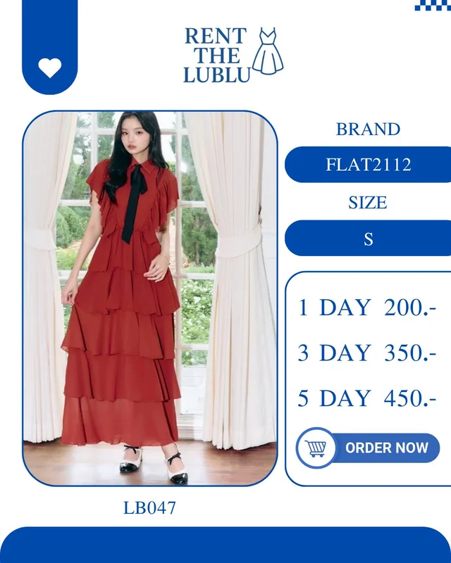 FLAT2112 เดรสยาวระบายสีแดง หวานหรูวินเทจ Maxi Dress