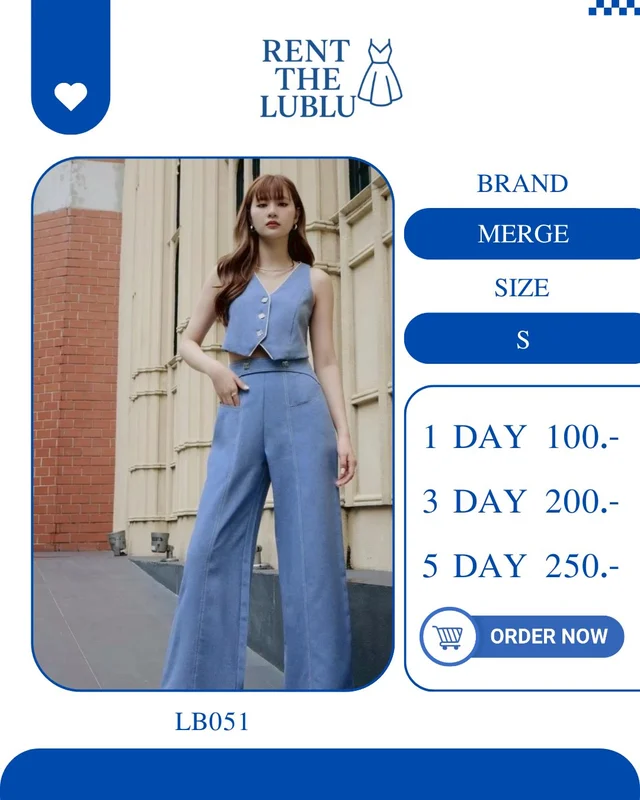 MERGE เซตเสื้อกั๊กกางเกงขายาวสีฟ้า เท่หรูมินิมอล Twopiece