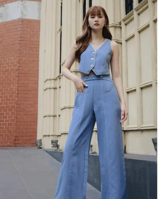 MERGE เซตเสื้อกั๊กกางเกงขายาวสีฟ้า เท่หรูมินิมอล Twopiece thumbnail 3