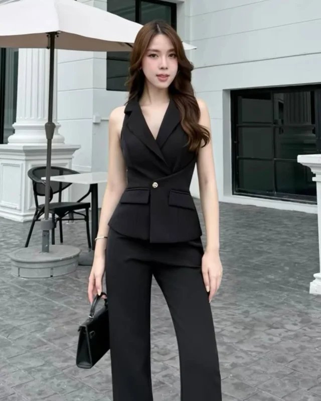 SQIEWWE เซ็ตสูทแขนกุดสีดำ หรูเท่สายแฟ thumbnail 3
