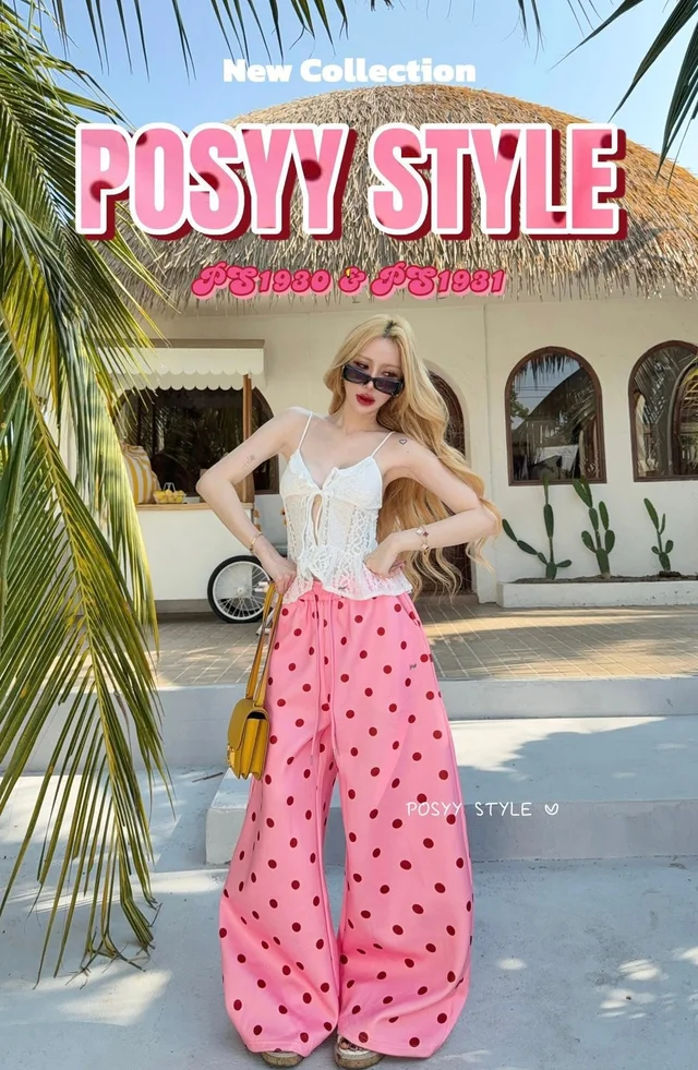 POSYYเสื้อลูกไม้ผูกอกกางเกงวอร์มขาวลายโพกาดอท thumbnail 2