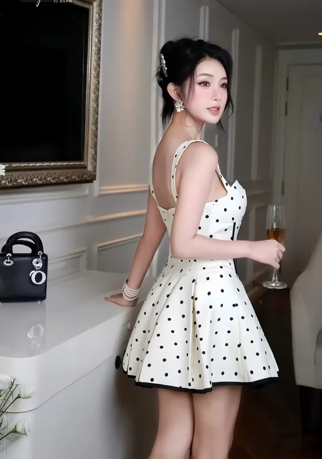 เดรสสายเดี่ยวลายจุด ขาว-ดำ ทรงคอร์เซ็ต