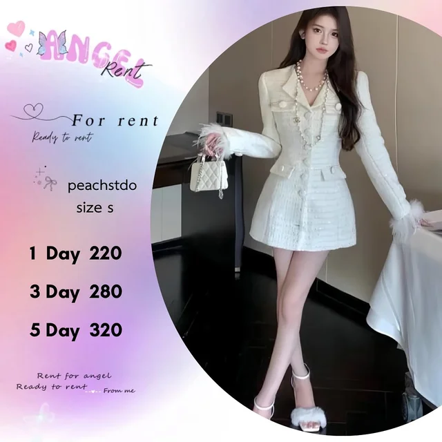 peachstdo เดรสแขนยาวสีขาวหวานหรูสไตล์คุณหนู