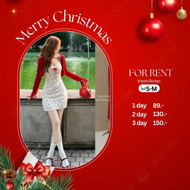 เดรสคริสต์มาส / ปีใหม่ลายดอกหวานแซ่บ โทนแดง-ขาว Mini Dress