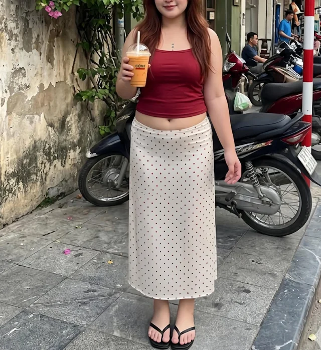 เซ็ตเสื้อสายเดี่ยวสีแดงกระโปรงยาวลายจุด Red Polka Dot Casual Set thumbnail 4