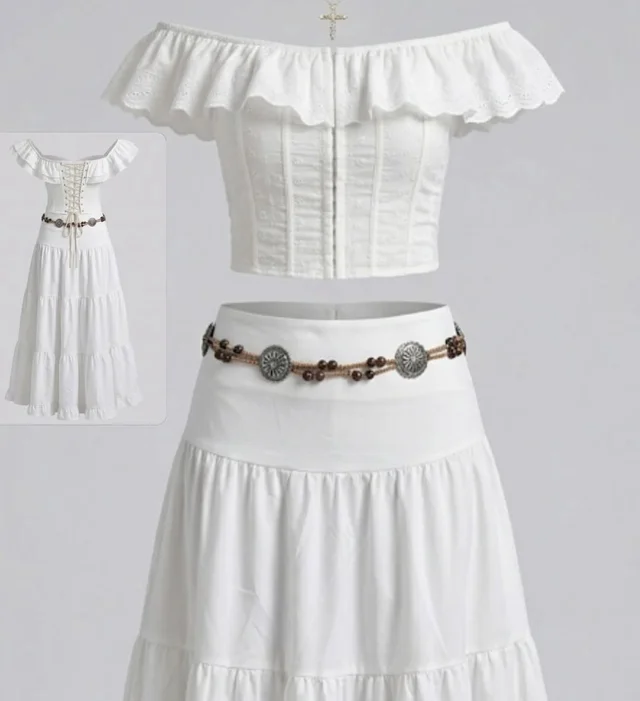 เซ็ตเสื้อเปิดไหล่กระโปรงยาวสีขาว White Boho Ruffle Set thumbnail 3