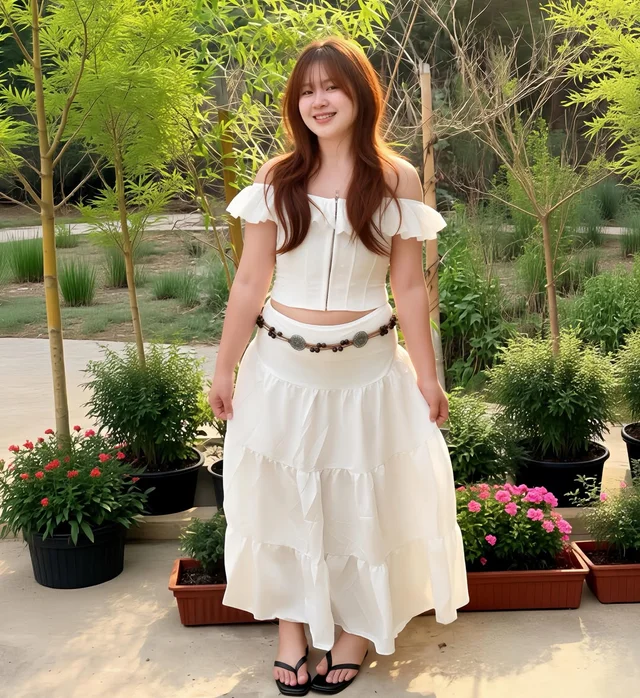 เซ็ตเสื้อเปิดไหล่กระโปรงยาวสีขาว White Boho Ruffle Set (alternate)