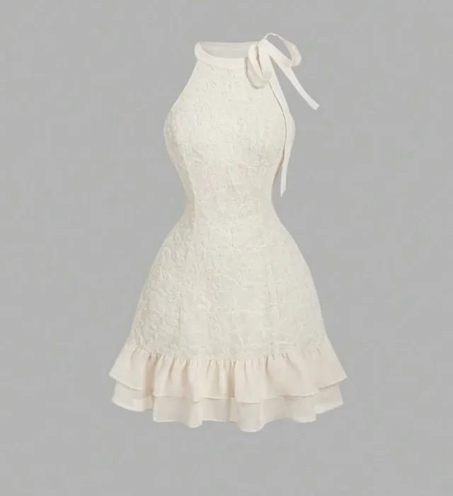 เดรสคล้องคอลูกไม้สีครีมแต่งโบว์ Cream Lace Halter Mini Dress thumbnail 3