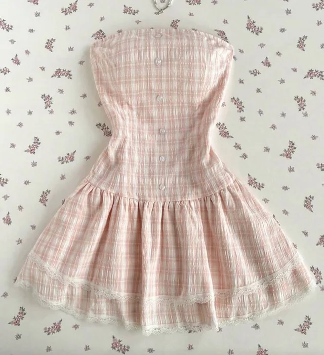 เดรสเกาะอกลายสก็อตสีครีมชมพู Sweet Plaid Mini Dress (alternate)