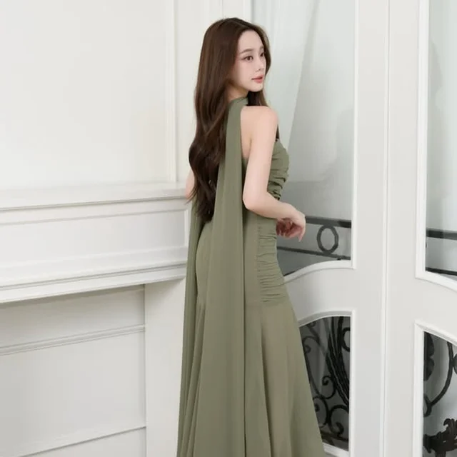 Pirunya LD20 Chiffon Olive Green Long Dress (alternate)