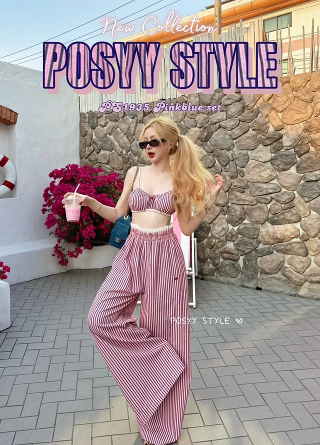 POSYY เซ็ตลายทางชมพูบลูครอปสม็อคกางเกงขายาวลุคคาเฟ่สดใส (alternate)