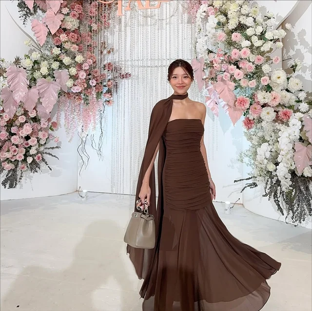 Pirunya LD20 Dark Brown One Shoulder Dress  thumbnail 4