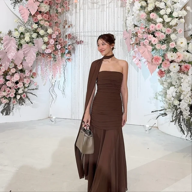 Pirunya LD20 Dark Brown One Shoulder Dress (alternate)