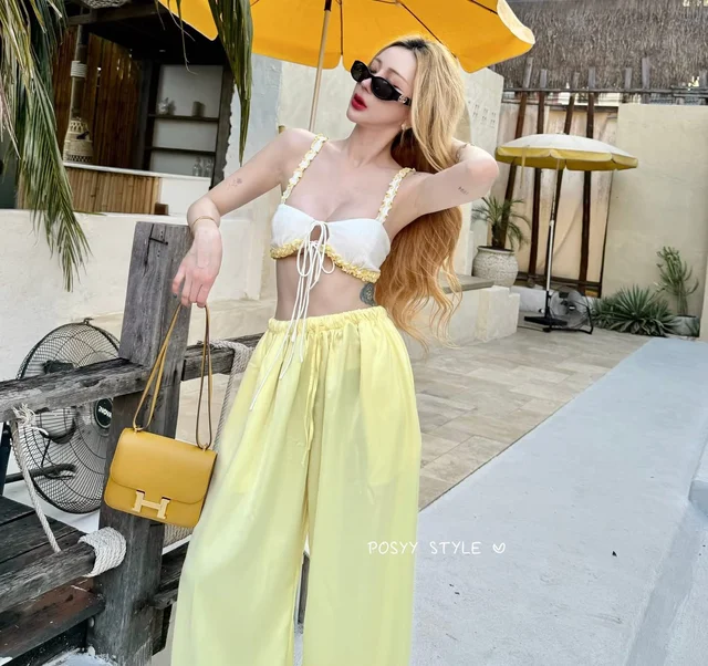 Posyy เซ็ตครอปผูกหน้ากางเกงขายาวสีเหลืองลุคทะเลละมุน thumbnail 3