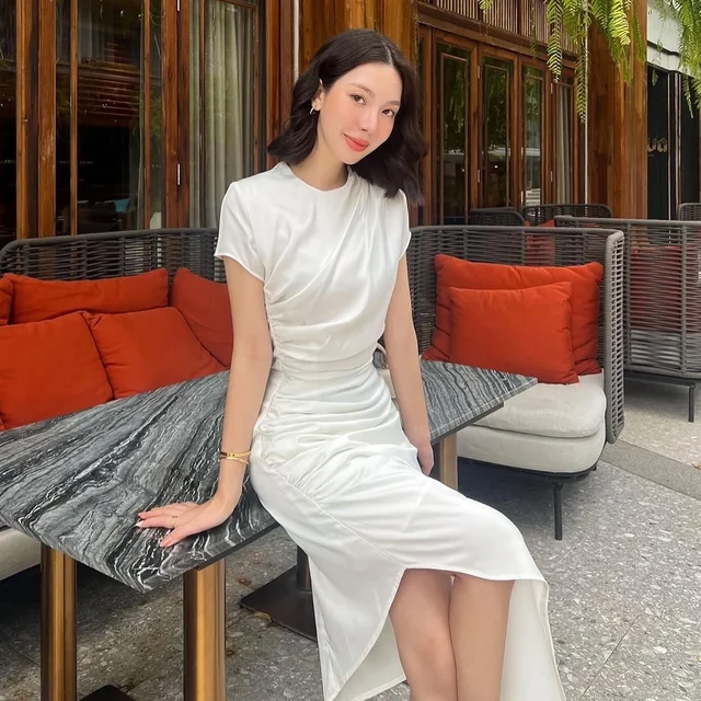 Firrr official White Ruched Long Dress  thumbnail 3