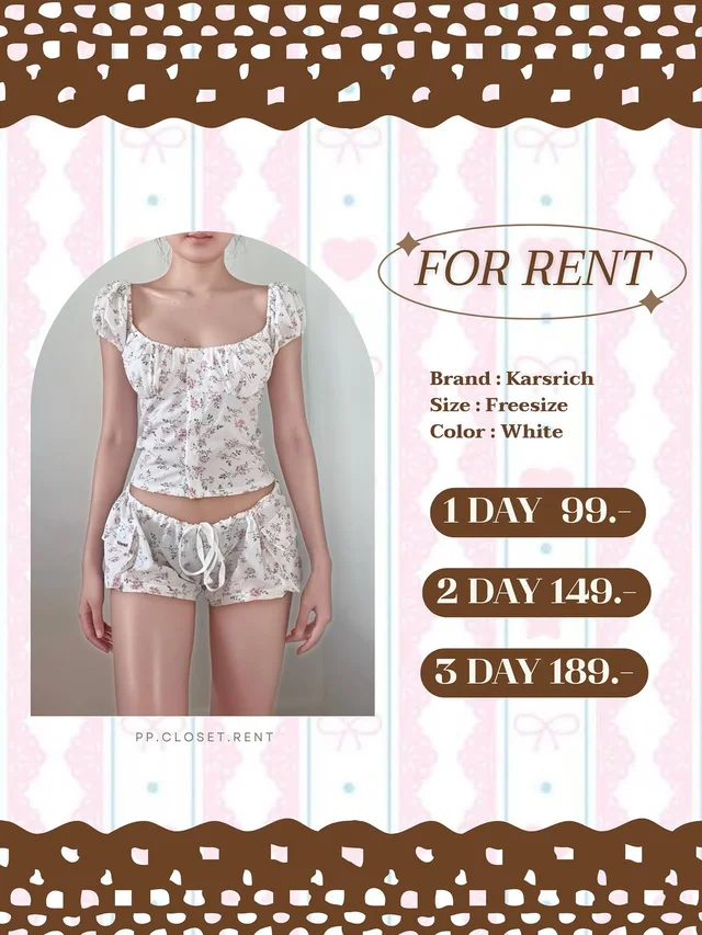 Karsrich ชุดเซ็ตลายดอกไม้แขนพัฟสีขาว Two Piece Set