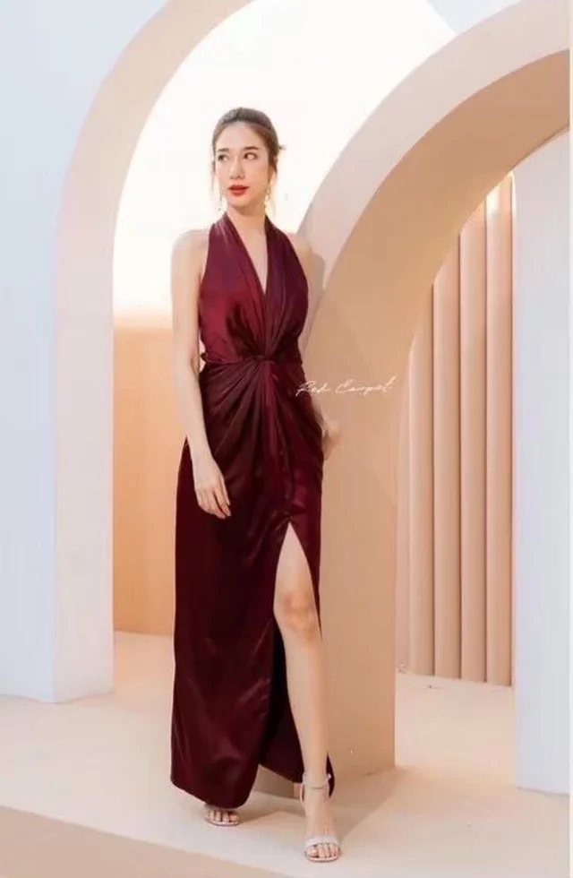 Burgundy Elegant Halter Gown thumbnail 4