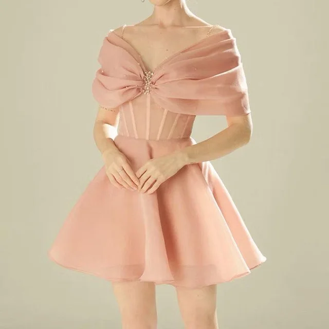 Y•L• – เดรสสั้นหวานหรู โทนชมพูพีช ลุคคุณหนูแฟชั่น Mini Dress thumbnail 4