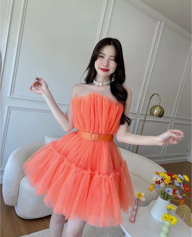 Soulmate – ราตรีสั้นสีส้มสดใส ฟูหวานแซ่บ ลุคปาร์ตี้ Mini Dress thumbnail 2