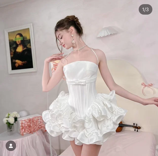 White Satin Corset Ruffle Dress (No.200)