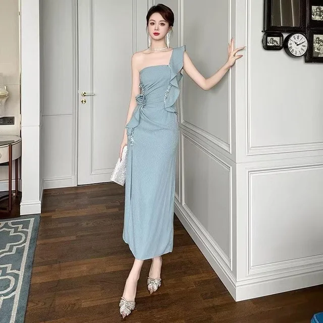 Dusty Blue One-Shoulder Ruffle Dress 1