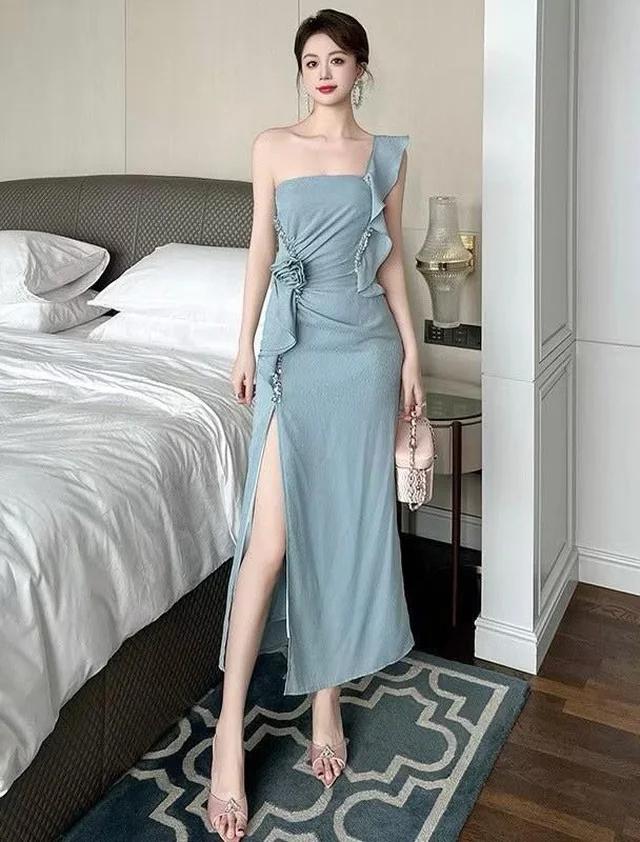 Dusty Blue One-Shoulder Ruffle Dress thumbnail 4