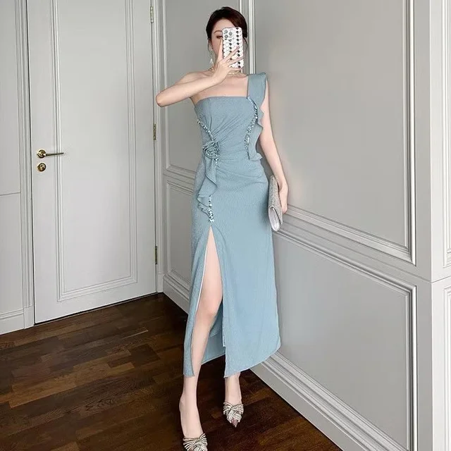 Dusty Blue One-Shoulder Ruffle Dress thumbnail 2