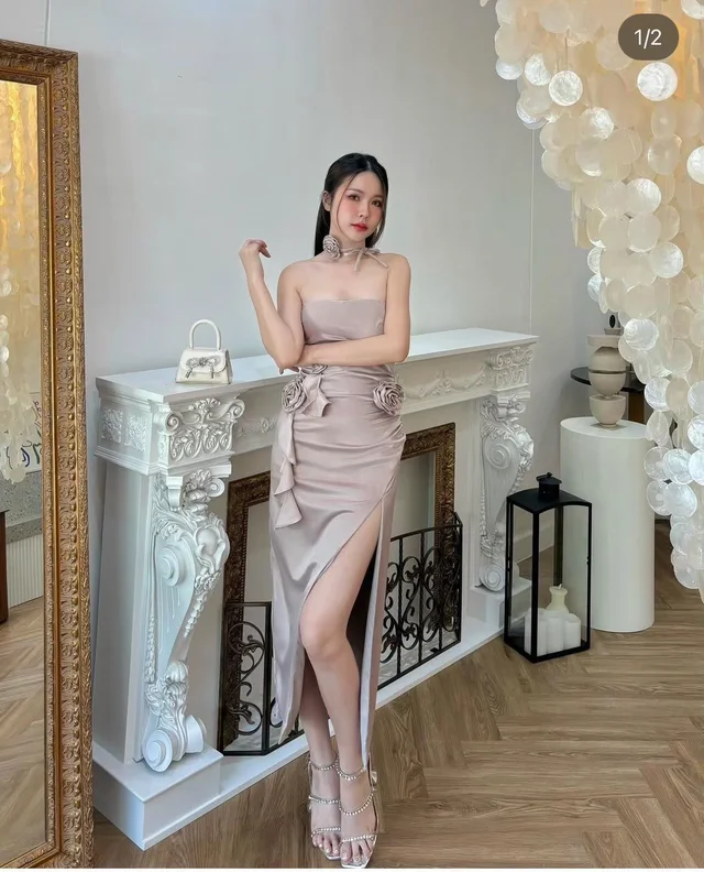 Champagne Rose Halter Slit Dress thumbnail 4