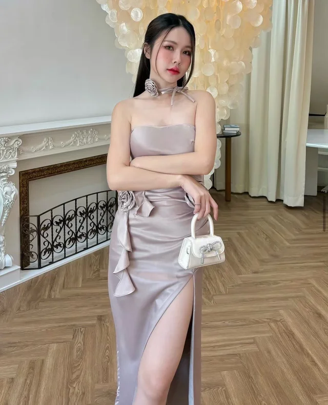 Champagne Rose Halter Slit Dress (alternate)