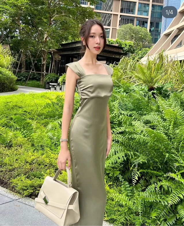 Olive Satin Elegant Dress thumbnail 4