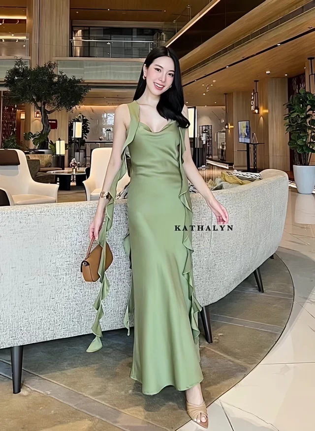 Green Ruffle Elegant Long Dress