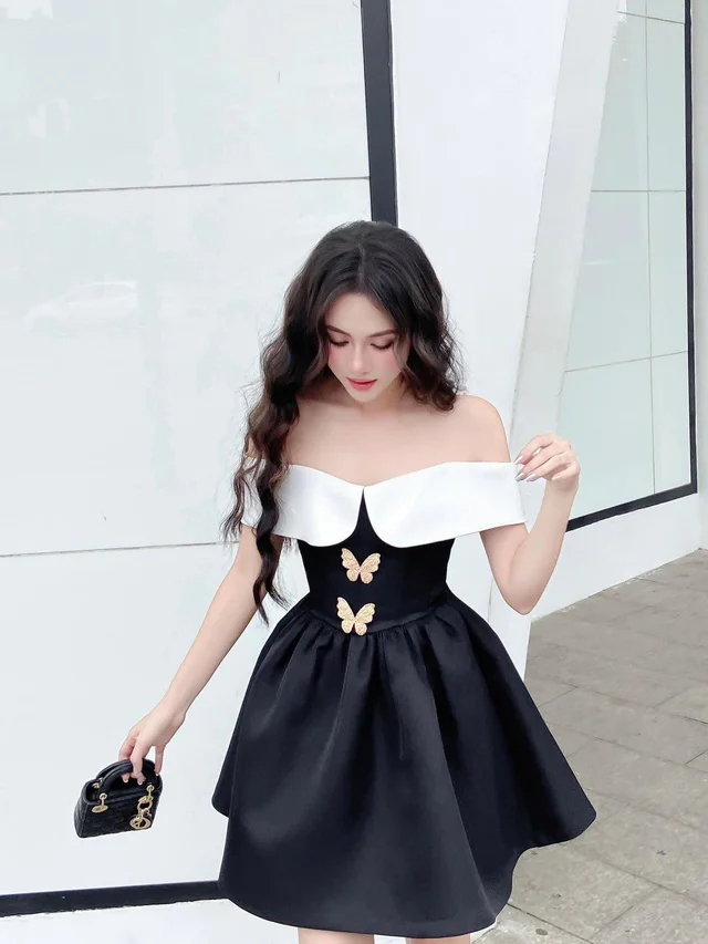 Butterfly Off-Shoulder Black Dress
