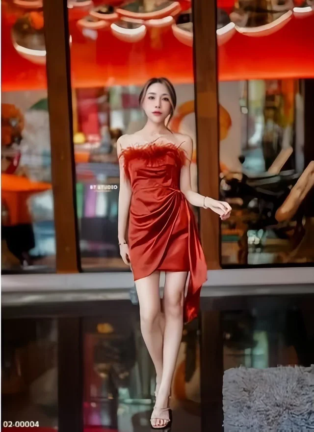 Red Feather Satin Dress (alternate)