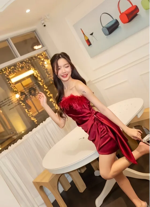 Red Feather Satin Dress
