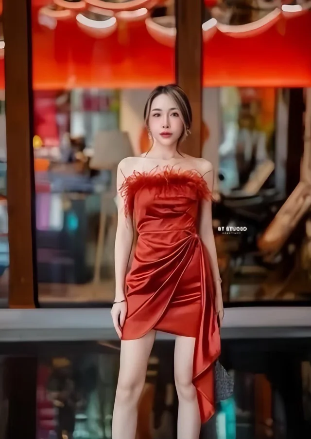 Red Feather Satin Dress thumbnail 4