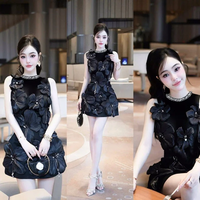 เดรสดอกไม้ 3D สีดำ สไตล์หรูหวาน (alternate)