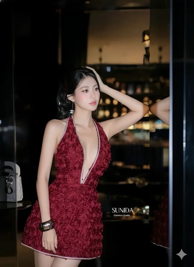 เดรสสั้นลูกไม้แดงไวน์หรูหราเซ็กซี่ (alternate)