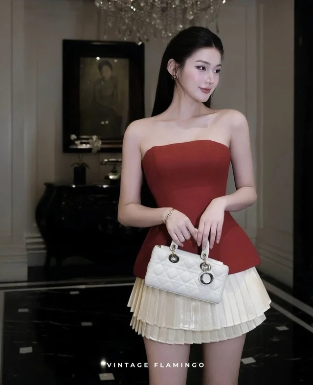 Vintage Flamingo เดรสเกาะอกแดงครีมลุคหวานหรู เดรสสั้น
