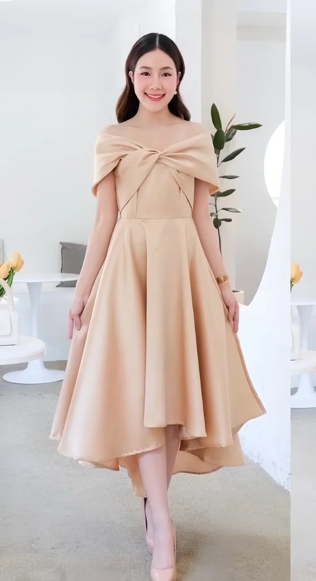 เดรสโทนเบจลุคหรูหวาน Elegant Midi Dress