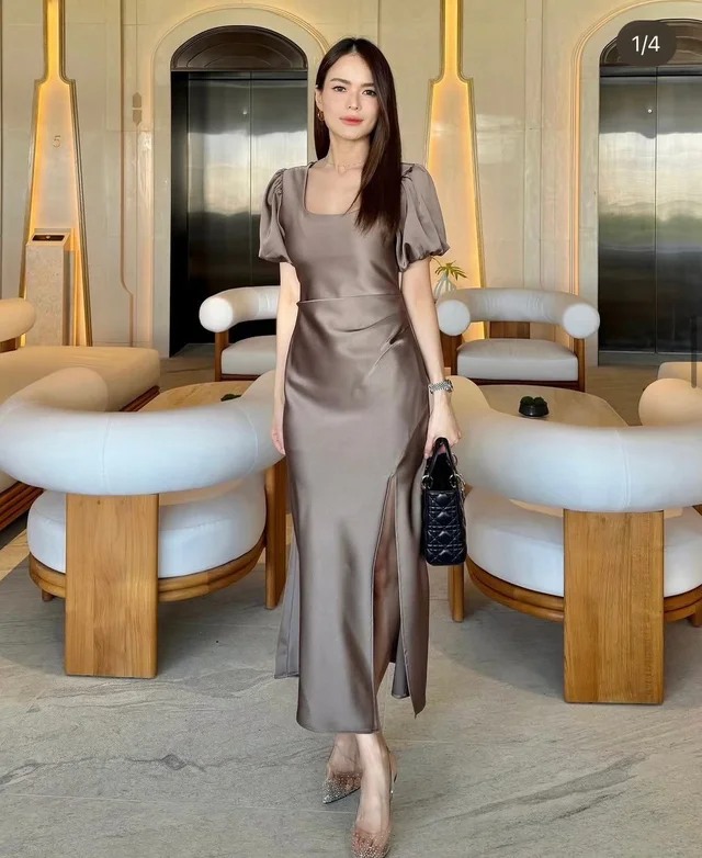 เดรสแขนพองสีน้ำตาลหรูสุภาพ Long Dress 1
